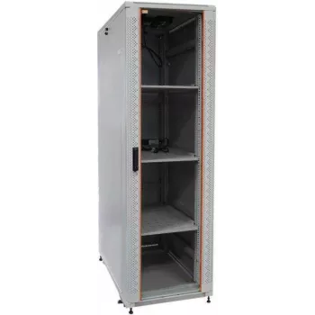IT-BUDGET 19 tums serverrack SRK komplett set, 42U, 600x1000 mm, glas-/ståldörr, 4 aktiva fläktar, PDU, hyllor, monterat, ljusgrå 99ITB19SRK42610GGM