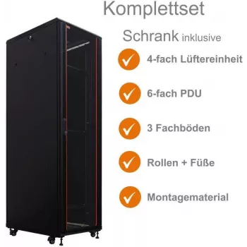 IT-BUDGET 19 inch nätverksskåp SRK komplettset - 42U - 600x800 mm - glas-/ståldörr - 4 aktiva fläktar - PDU - hyllor - förmonterat - svart (99ITB19SRK4268GSM)