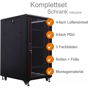 IT-BUDGET 19 inch nätverksskåp SRK komplett set - 22U - 600x800 mm - glas-/ståldörr - 4 aktiva fläktar - PDU - hyllor - monterat - svart (99ITB19SRK2268GSM)