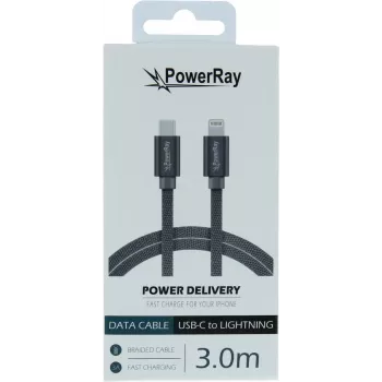 PowerRay USB-C till Lightning flätad kabel 3m textil grå PR-DCCL300TGY