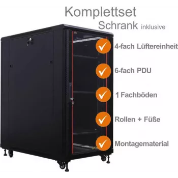 IT-BUDGET 19 inch nätverksskåp SRK komplett set - 18U - 600x1000 mm - glas-/massiv ståldörr - 4 aktiva fläktar - PDU - hyllor - förmonterat - svart 99ITB19SRK18610GSM