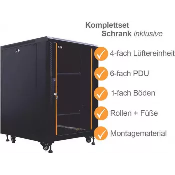 IT-BUDGET 19 inch Nätverksskåp SRK Komplettset 12U 600x800 mm Glas-/Ståldörr 4 aktiva fläktar PDU Hyllor förmonterat svart 99ITB19SRK1268GSM