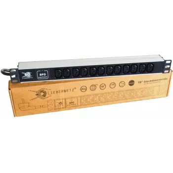 Liebernetz 19 inch rackmonterad PDU, 12x C13-uttag, överspänningsskydd, SCHUKO-kontakt, aluminium, svart 90LNSDL1912KKSP