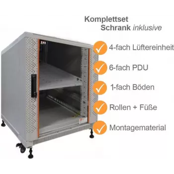 IT-BUDGET 19 inch serverrack SRK komplettset - 12U - 600x1000 mm - glas-/ståldörr - 4 aktiva fläktar - PDU - hyllor - monterad - ljusgrå 99ITB19SRK12610GGM