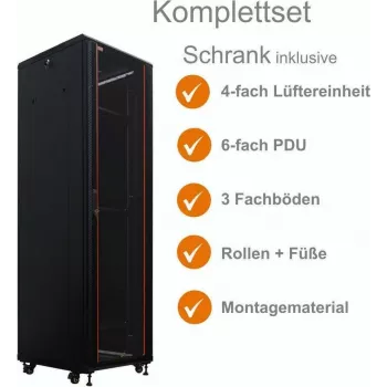IT-BUDGET 19 inch nätverksskåp SRK komplettset 38U 600x800 mm glas-/ståldörr 4 aktiva fläktar PDU hyllor flatpack svart 90ITB19SRK3868GS