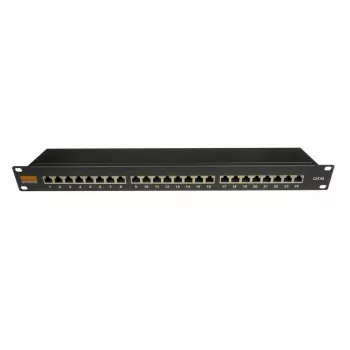 IT-BUDGET 19 inch Cat.6A skärmad 24-portars patchpanel, kort byggform, PoE+-kompatibel, 1U, svart 90ITBPP6A1S
