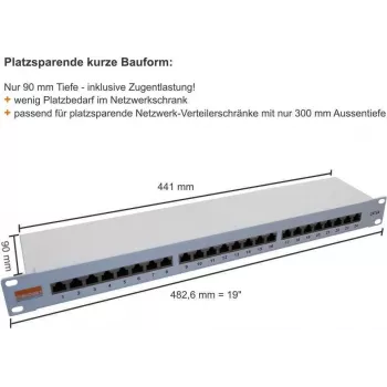 IT-BUDGET 19 inch patchpanel Profi S - kort inbyggnadsdjup - skärmad - Cat.6A - 24 portar - PoE+-kompatibel - 1U - ljusgrå (90ITBPP6A1G)