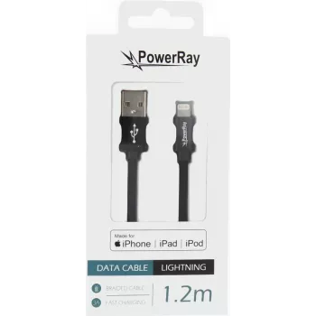 PowerRay PR-DCUL120TBK USB-A till Lightning MFi-certifierad flätad nylon data- och laddkabel, 1,2 m, svart