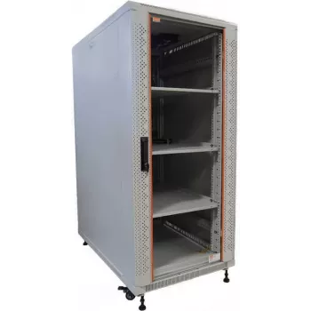 IT-BUDGET 19 inch nätverksskåp SRK komplett set 22U 600x600 mm glas-/ståldörr 4 fläktar PDU hyllor flatpack ljusgrå 90ITB19SRK2266GG