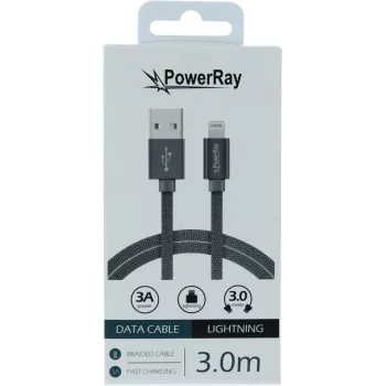 PowerRay USB-till-Lightning-data- och laddkabel 3 m textil grå PR-DCUL300TGY