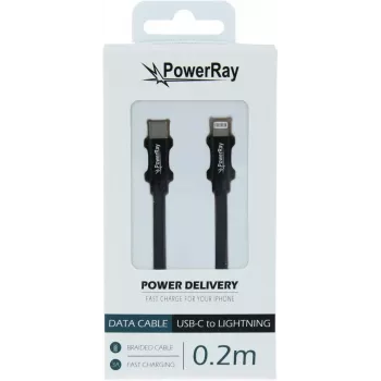 PowerRay PR-DCCL020TBK USB-C till Lightning datakabel, 0,2 m, textil svart, blister