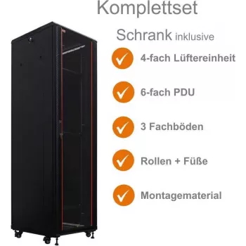 IT-BUDGET 19 inch nätverksskåp SRK komplett set 42U 600x600 mm glas-/ståldörr 4 fläktar PDU hyllor förmonterad svart 99ITB19SRK4266GSM
