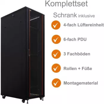 IT-BUDGET 19 inch serverrack SRK komplett set - 42U - 600x1000 mm - perforerade dubbla dörrar fram & bak - 4 aktiva fläktar - PDU - hyllor - flatpack - svart (90ITB19SRK42610DTS)
