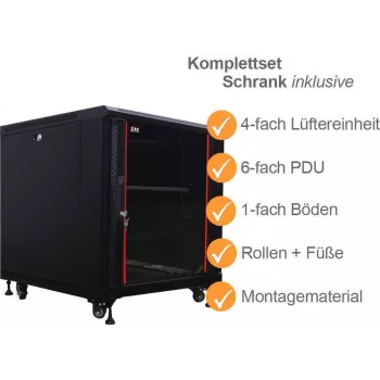 IT-BUDGET 19 inch serverskåp SRK komplettset 12U 600x1000 mm glas-/ståldörr 4 aktiva fläktar PDU hyllor förmonterade svart 99ITB19SRK12610GSM