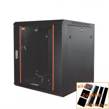 IT-BUDGET 19 inch nätverksskåp SWA – 12U – 570x600 mm – glasdörr – avtagbara sidopaneler – vägg-/golvmontering – tillbehörsset – svart 90ITB19WS1266GS