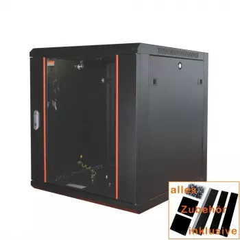 IT-BUDGET 19 inch nätverksskåp SWA – 12U – 570x600 mm – glasdörr – avtagbara sidopaneler – vägg-/golvmontering – tillbehörsset – svart 90ITB19WS1266GS
