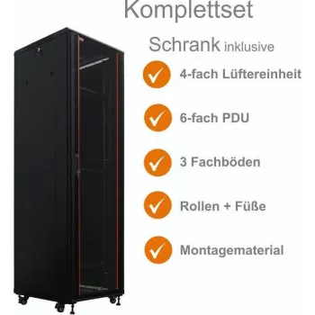 IT-BUDGET 19 inch nätverksskåp SRK komplett set – 38U – 600x600 mm – glas-/ståldörr – 4 aktiva fläktar – PDU – hyllor – flatpack – svart (90ITB19SRK3866GS)