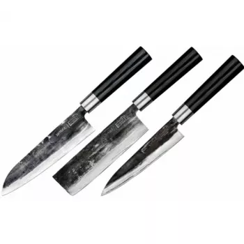 SAMURA SP5-0220 3-delat köksknivset, AUS-8 rostfria stålblad, svarta ABS-handtag, skalkniv, allroundkniv och kockkniv
