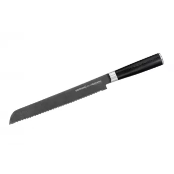 SAMURA Harakiri brödkniv 230 mm Stonewash AUS-8-stål tandad egg svart ABS-handtag