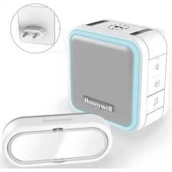 Honeywell DC515SP2L trådlös dörrklocka med stickkontaktsgong och tryckknapp, 150 m räckvidd, 6 melodier, vit