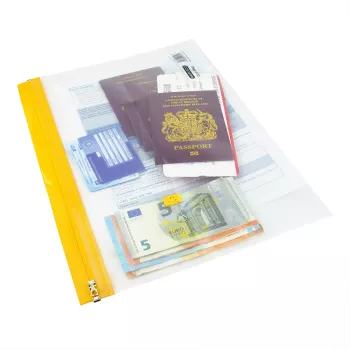 Rapesco Zippi Bags A5+ dragkedjepåsar, 250 x 195 mm, transparent med blå, orange, grön, röd, gul kant, 5-pack 1502