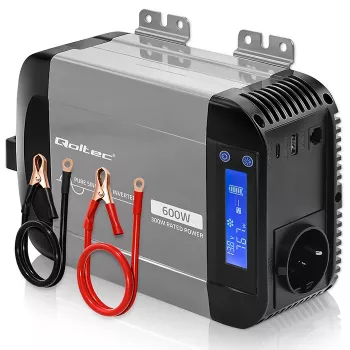 Qoltec ren sinus-växelriktare 12V till 230V 300W/600W med LCD, USB-A och USB-C PD, LiFePO4/GEL/AGM-kompatibel