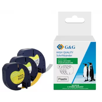 G&G TD-RL-D-91201/2/8-3P märkningsbandsset, 12 mm, 3-pack (vit, gul, silver på svart), kompatibelt med DYMO D1
