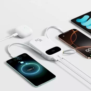 Baseus EnerFill FC31 QPow3 10000mAh 45W powerbank med digital display och 2 inbyggda USB-C-kablar - vit