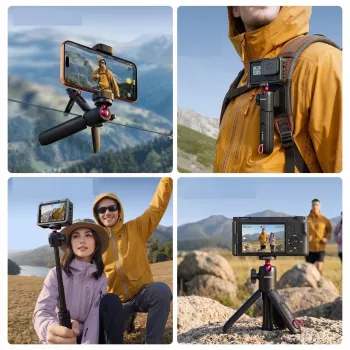 ULANZI MT-55 4-i-1 ministativ selfiepinne handtag ryggsäcksklämma med kulled, 1/4 inch skruv, mobilhållare 60-85 mm, aluminiumlegering, svart