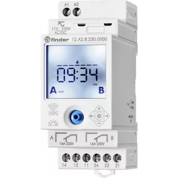 Finder 12A200240000 digital astronomisk timer, 2-kanal, daglig/vecko/astro/helgdag/puls-program, DIN-skena, 230 V AC, 16 A