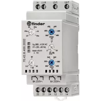 Finder 3-fas övervakningsrelä, 380-415 V AC, 2 CO, DIN-skena, 35 mm 704284002032