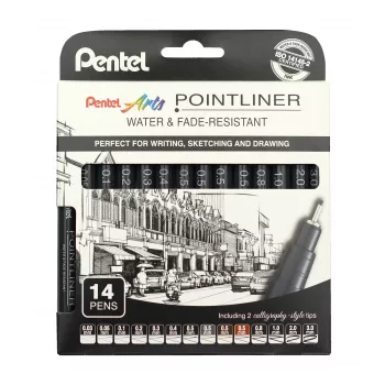 Pentel Arts Pointliner permanent fineliner-set, 14 olika linjebredder 0,03 mm–3,0 mm, svart bläck (YS20P-14)