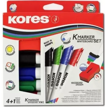 Kores whiteboard-pennset, 4 pennor + radergummi, rund spets, 3,0 mm, snabbtorkande, olika färger M20863