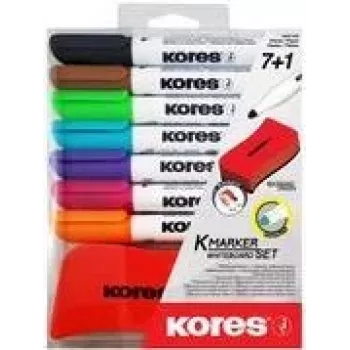 Kores whiteboard-pennset, 7 pennor + suddgummi, rund spets, 3,0 mm, snabbtorkande, olika färger (M20866)