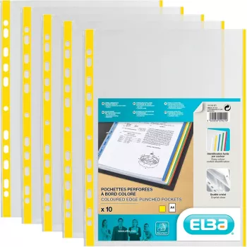 ELBA dokumentfickor A4 med färgad kant, PP, gul, 0,09 mm, kristallklar, öppen upptill, eurohål, 100-pack (971619-08)