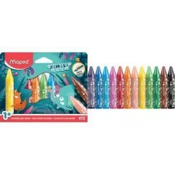 Maped Jungle Fever jumbo trekantiga vaxkritor, 12 olika färger, djurmotiv, kartongetui, från 1 år