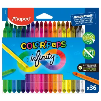 Maped COLOR'PEPS INFINITY trekantiga färgpennor, 36 olika färger, träfria, 100 % pigmentkärna, 10x längre hållbarhet, ergonomiskt etui 861623