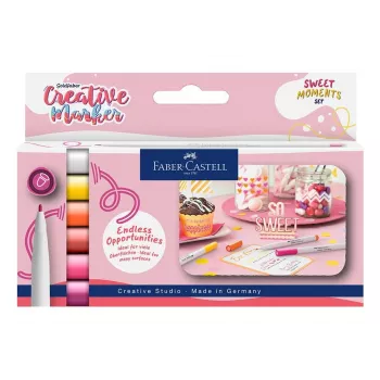 Faber-Castell Goldfaber Creative Marker set, 6 färger, Sweet Moments, vattenbaserat bläck, luktfri, vattenfast, dubbelspets pensel och rundspets, återanvändbar etui 160602