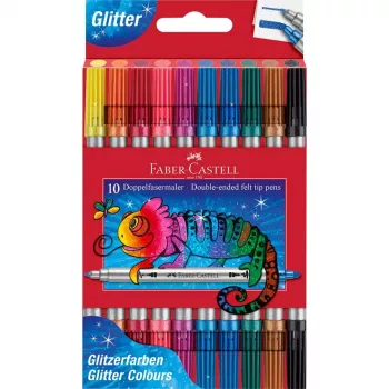 FABER-CASTELL glitter dubbelspetsiga fiberpennor, 10 olika färger, tvättbara, 3-5 mm & 1 mm spetsar 151107