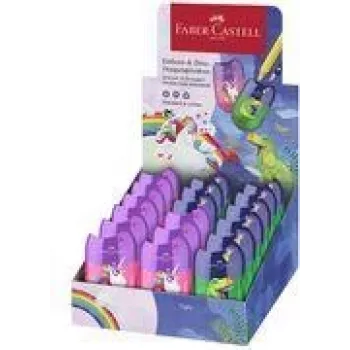 FABER-CASTELL dubbelvässare Box Dino/Einhorn, display med spånbehållare för enkel och ren vässning, 18 st (183551)