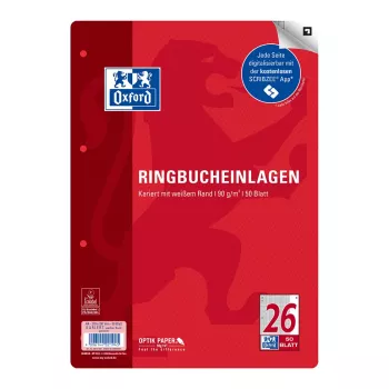 Oxford ringpärm inläggspapper A4 rutigt 50 blad 4-hålat med marginal vit 400131580