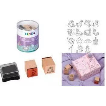 HEYDA enhörningsmotivstämpel-set, 15 klara stämplar i rund burk 204888439