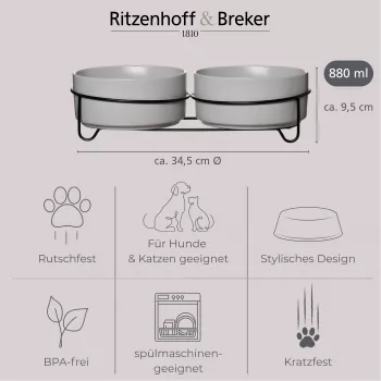Ritzenhoff & Breker TARO dubbelt hundskålsset, 880 ml, grått stengods med svart metallställ 450521