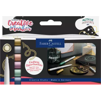 Faber-Castell Creative Marker Goldfaber Metallic Moments, 6-set, vattenbaserat bläck, luktfri, vattenfast, olika metalliska färger 161107