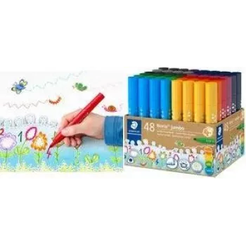 STAEDTLER Noris Jumbo 328-B KP48 filtpennor, 48 olika färger, 3,0 mm fiberstift, trekantig form, tvättbar färg, ventilerad kapsyl, återanvändbar mugg