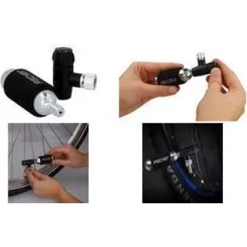 FISCHER cykelhandpump med CO2-inflator, universellt ventilhuvud för Schrader, Dunlop, Presta, 8 bar, svart/silver 50392