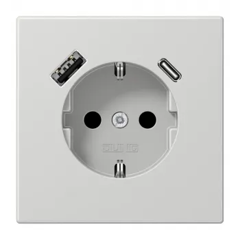 JUNG LS 1520-15 CA LG SCHUKO-uttag 16 A med USB-laddare 1 x Type-A + 1 x Type-C, Safety Plus, serie LS, ljusgrå