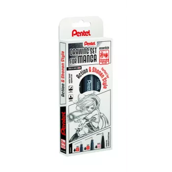 Pentel Manga Action finelinerpennset, svart, 3 pennor (0,05/0,2/0,8 mm) i etui MNG3PCS-AC