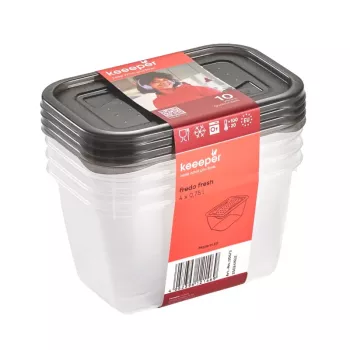 keeeper fredo fresh förvaringsburksset, 4 x 0,75 L, rektangulär, transparent med grå lock 3067382700000
