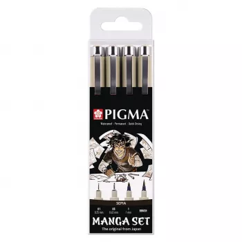 SAKURA Pigma Micron Manga Set sepia 4-delat fineliner- & penselpenna-set i återanvändbart etui POXSDKMAN4